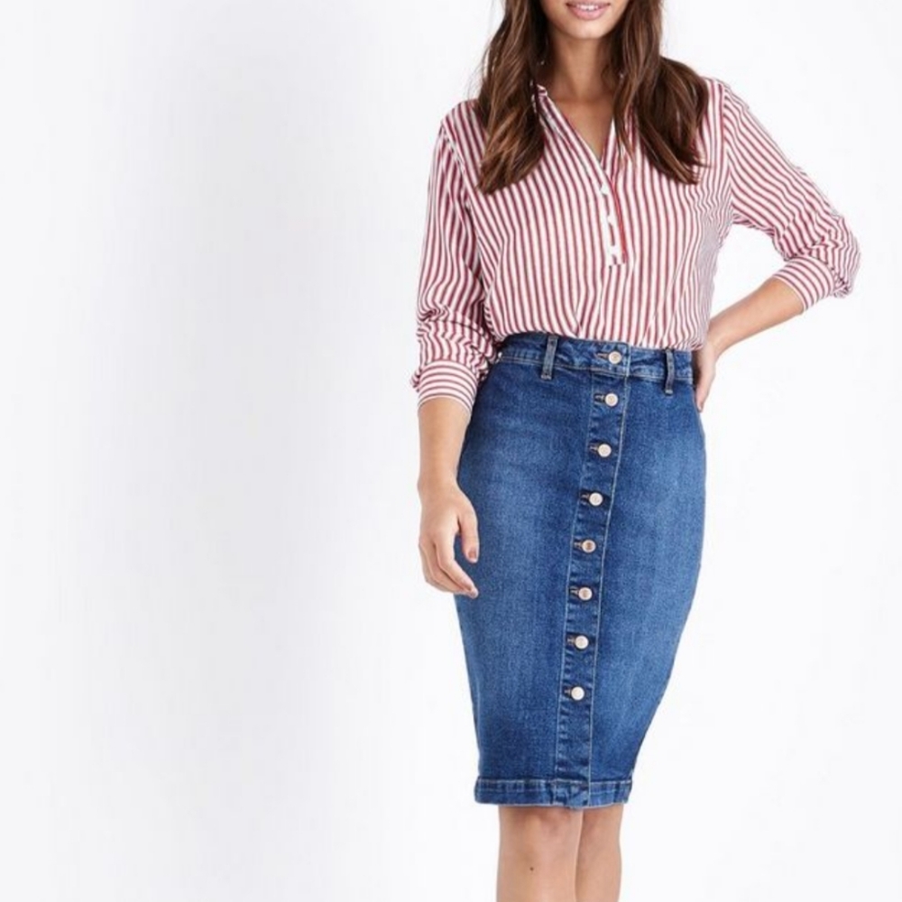 high rise midi denim skirt